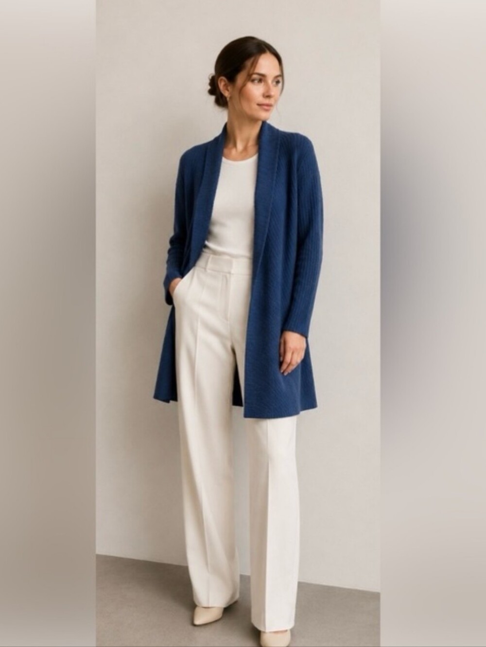 Eileen Fisher Navy Open-Front Ribbed Merino Wool Cardigan Contemporary Fall PM